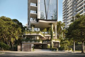 Artist’s impression of the Enderley Avenue entry and landscaped podium at Exhale by SIERA, Surfers Paradise