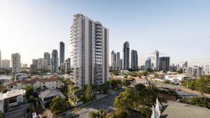 Artist’s impression of Tapestry by SIERA, a 22 level residential building at 39 Darrambal Street, Chevron Island