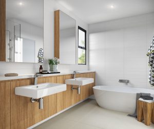 Render of the master bathroom showing double sinks and freestanding bath