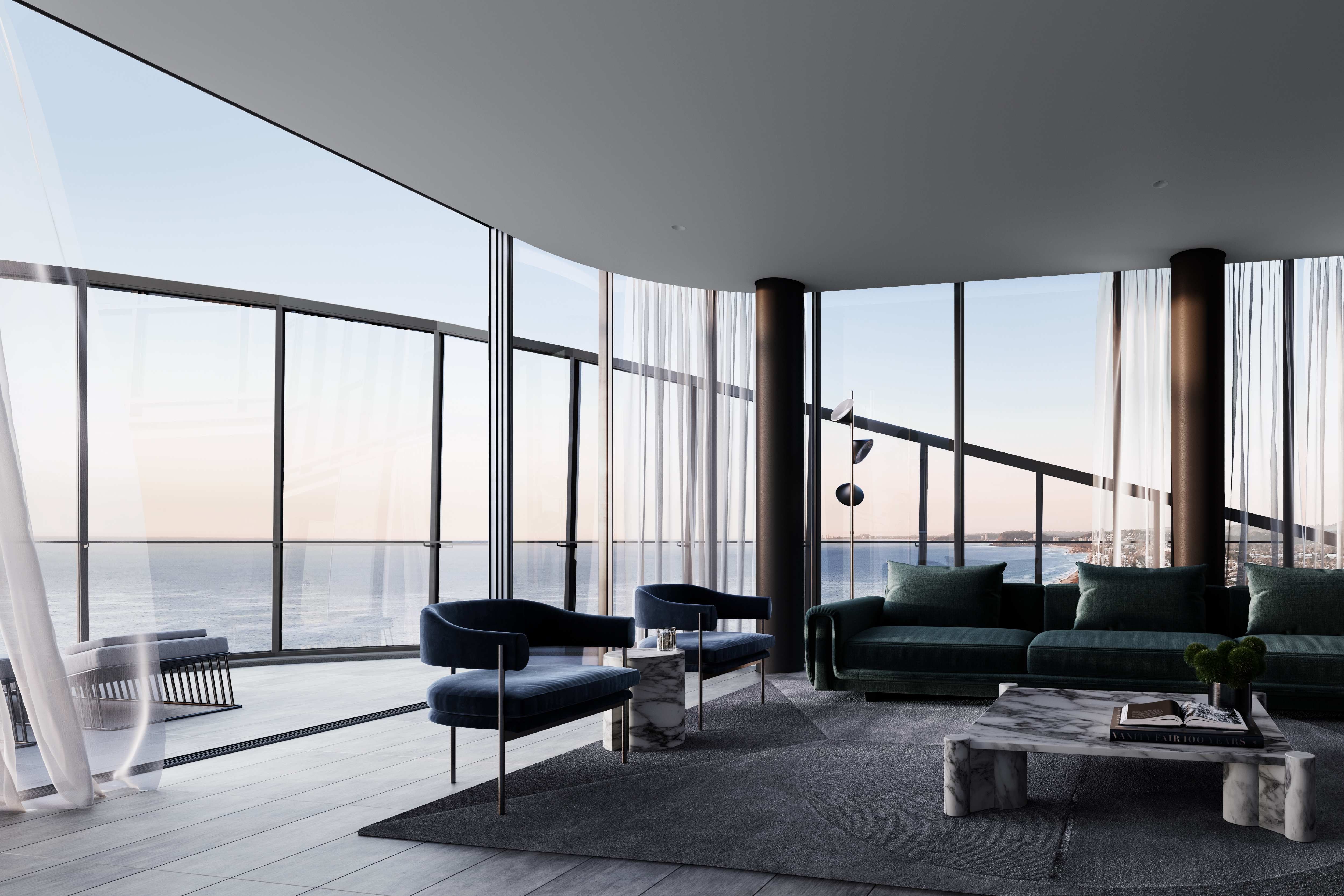 Elysian Broadbeach Penthouse view and living area (render provided by CBRE)