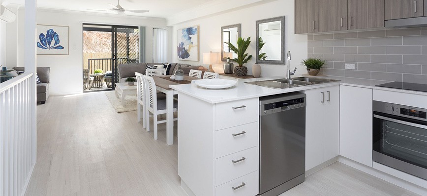 Bunya Heights kitchen and living. Image by AR Development.