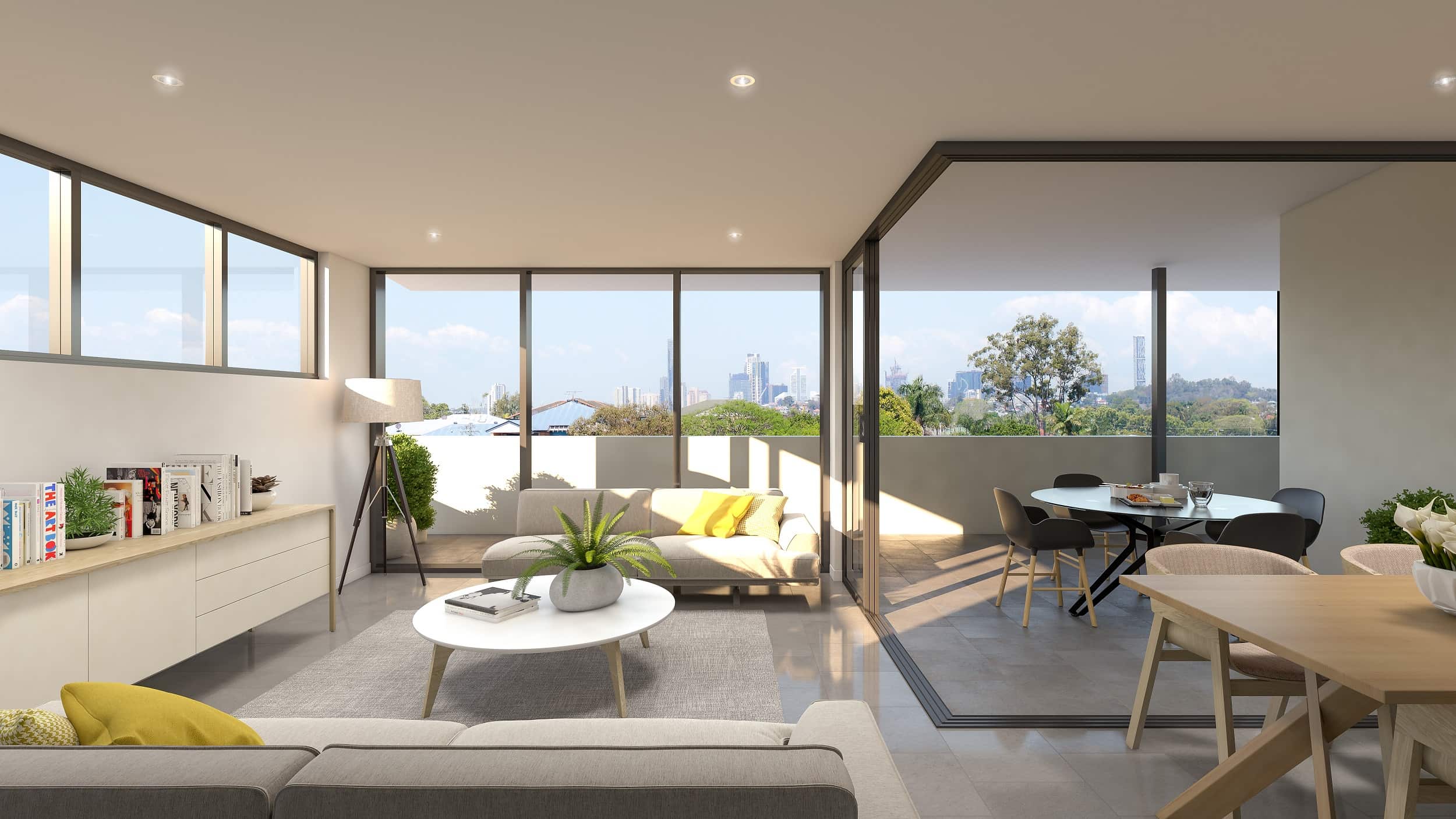 Render of living area and balcony with outlook towards the CBD
