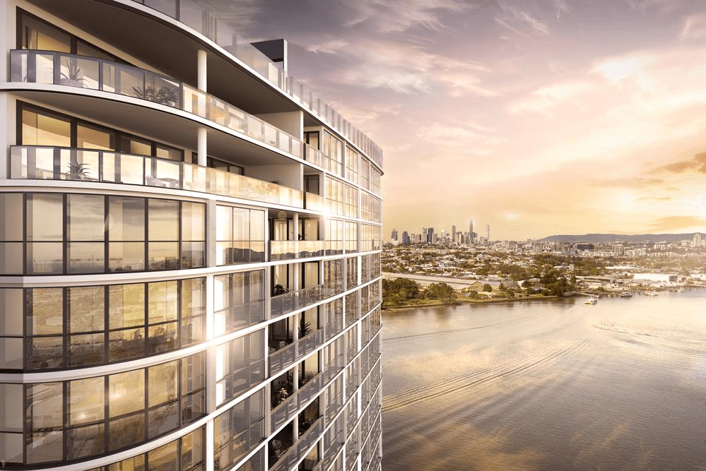 Gallery House is a tall riverfront apartment tower that overlooks the CBD. Supplied by developer.