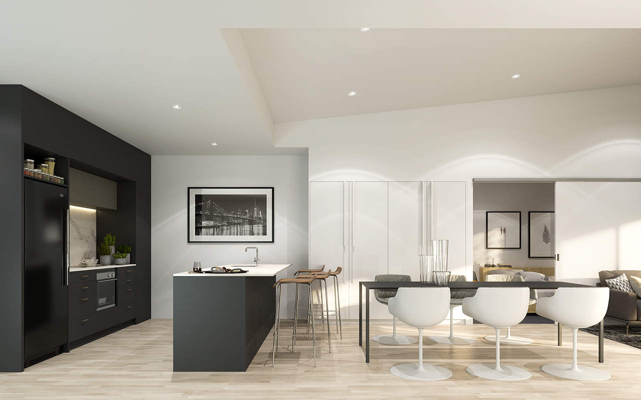 Kitchen and living area render of the New Apartments in Newmarket.