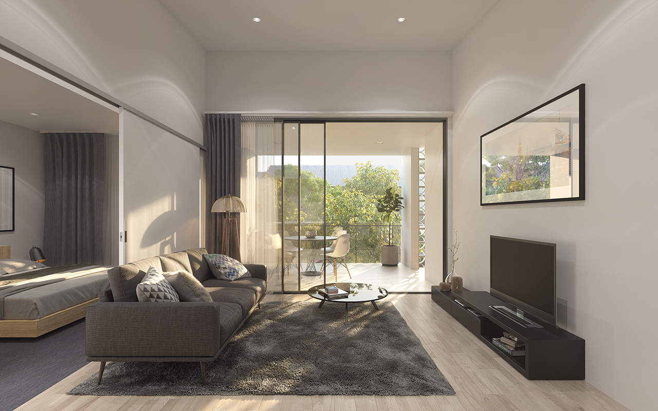 Living room render of The Garden Terraces Apartments Newmarket