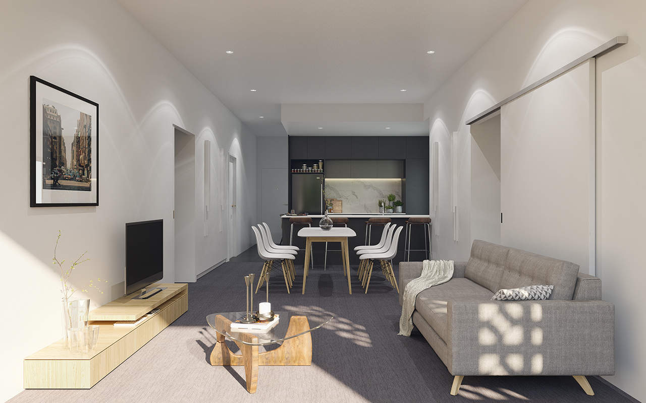 Living area and kitchen render of The Garden Terraces Apartments Newmarket