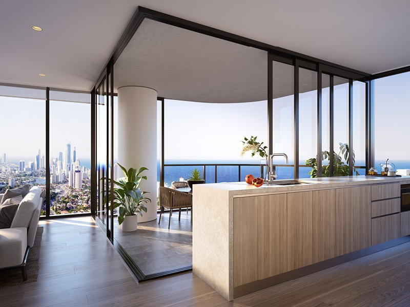 The Star Residences kitchen bench and balcony view