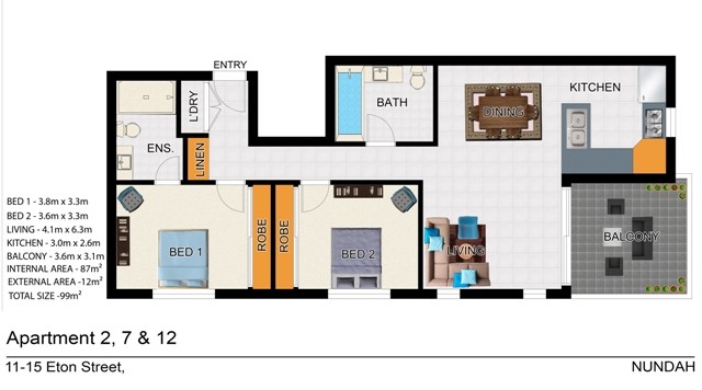 Floorplan of apartment 2, 7, and 12