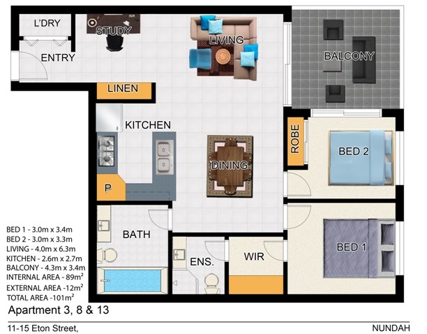 Floorplan of apartment 3, 8, and 13