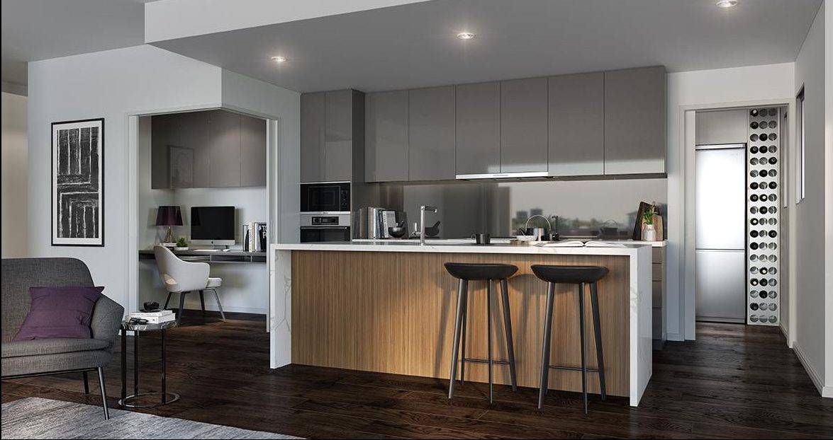 Render of penthouse kitchen area showcasing the dark timber flooring.