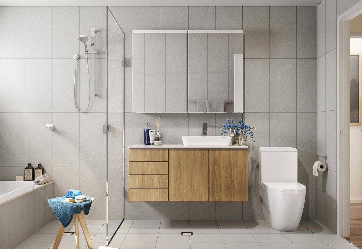 Render of a bathroom in the three bedroom apartments.