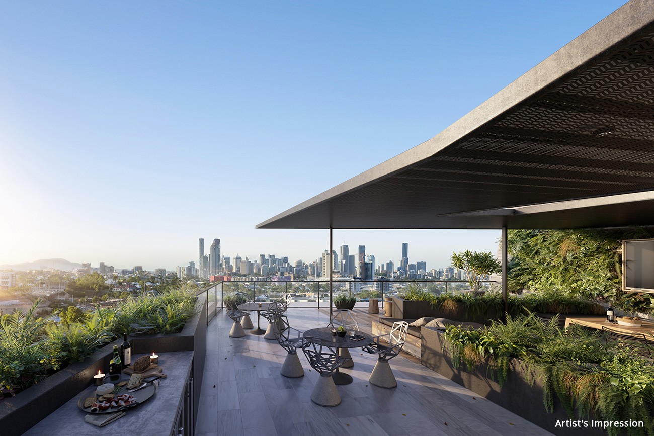 Top level deck with views towards the CBD. Supplied by developer.